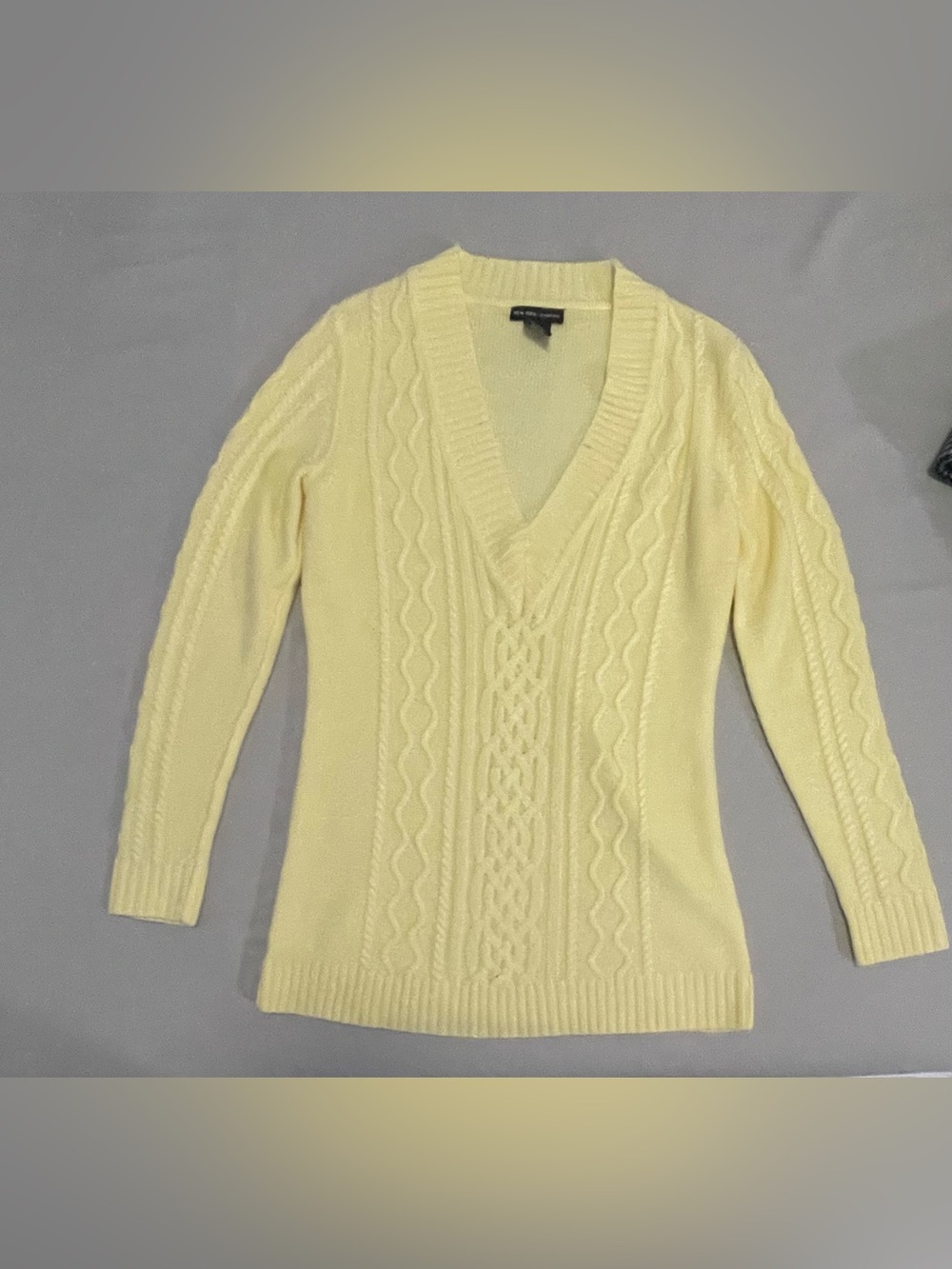 New York & Company Pale Yellow Cable-Knit V-Neck Sweater